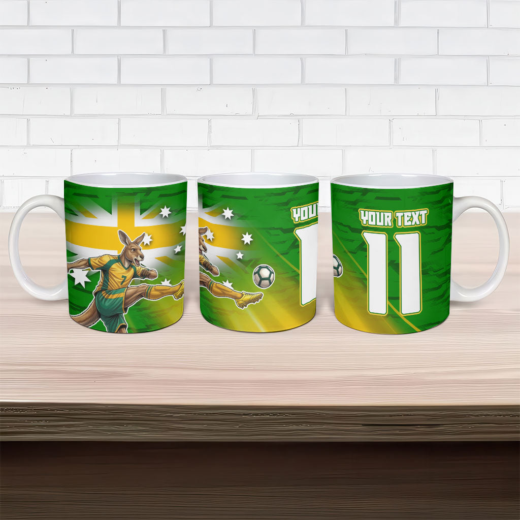 Personalized Australia Soccer Kangaroo Ceramic Mug Dynamic Kick with Australian Flag Green Gold Sports Graphic