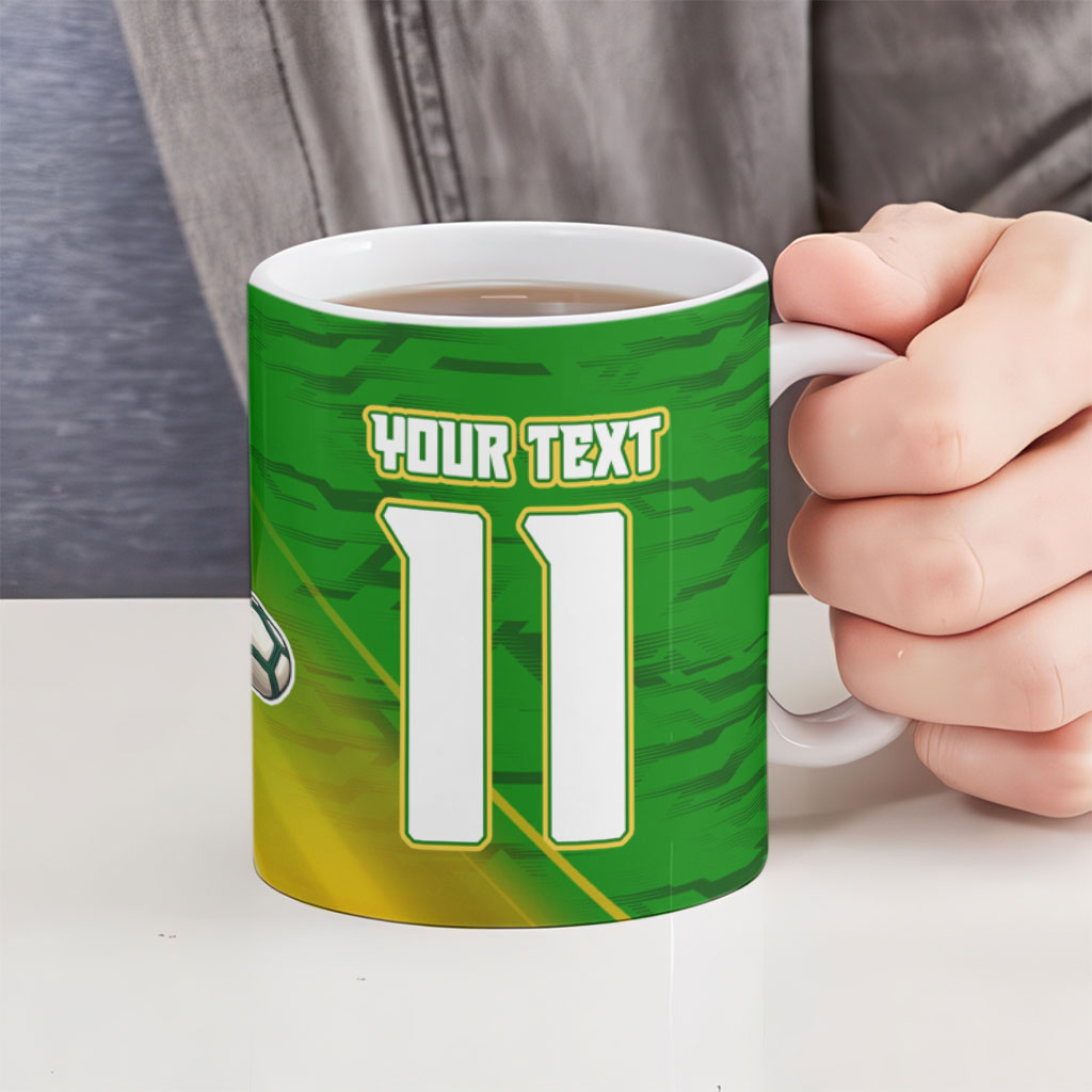 Personalized Australia Soccer Kangaroo Ceramic Mug Dynamic Kick with Australian Flag Green Gold Sports Graphic