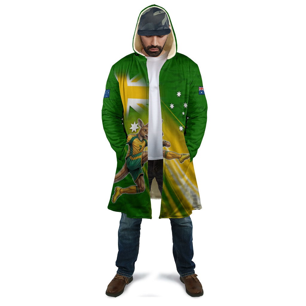 Personalized Australia Soccer Kangaroo Cloak Dynamic Kick with Australian Flag Green Gold Sports Graphic