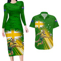 Personalized Australia Soccer Kangaroo Couples Matching Long Sleeve Bodycon Dress and Hawaiian Shirt Dynamic Kick with Australian Flag Green Gold Sports Graphic