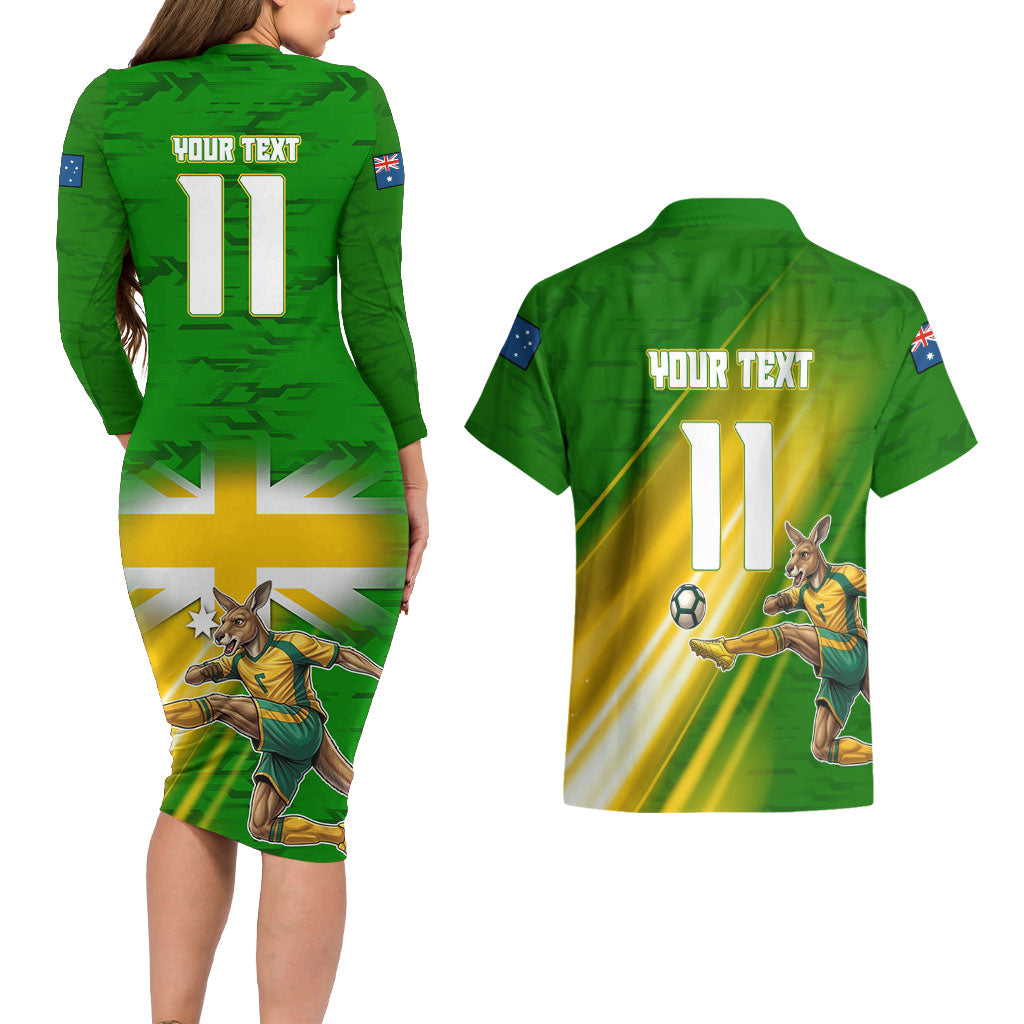 Personalized Australia Soccer Kangaroo Couples Matching Long Sleeve Bodycon Dress and Hawaiian Shirt Dynamic Kick with Australian Flag Green Gold Sports Graphic