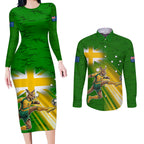 Personalized Australia Soccer Kangaroo Couples Matching Long Sleeve Bodycon Dress and Long Sleeve Button Shirt Dynamic Kick with Australian Flag Green Gold Sports Graphic