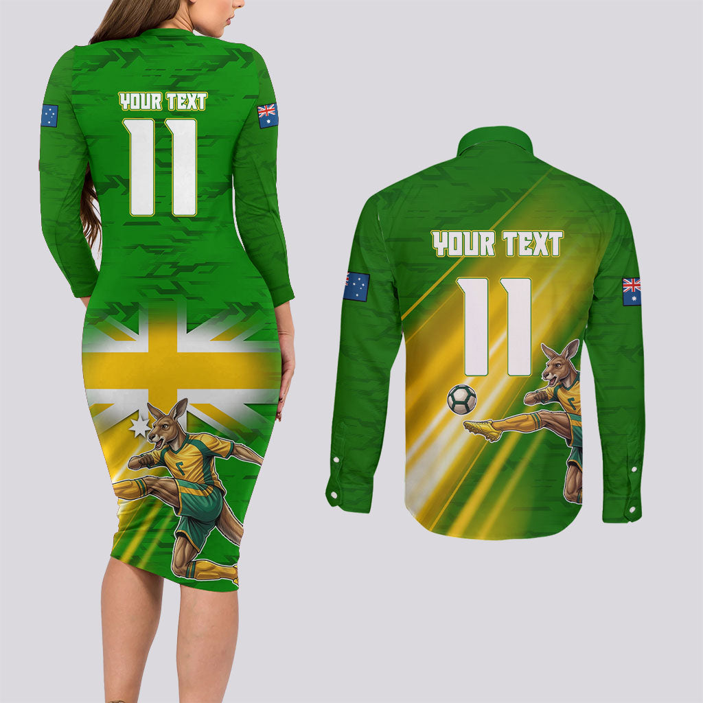 Personalized Australia Soccer Kangaroo Couples Matching Long Sleeve Bodycon Dress and Long Sleeve Button Shirt Dynamic Kick with Australian Flag Green Gold Sports Graphic