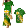 Personalized Australia Soccer Kangaroo Couples Matching Mermaid Dress and Hawaiian Shirt Dynamic Kick with Australian Flag Green Gold Sports Graphic