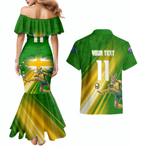 Personalized Australia Soccer Kangaroo Couples Matching Mermaid Dress and Hawaiian Shirt Dynamic Kick with Australian Flag Green Gold Sports Graphic