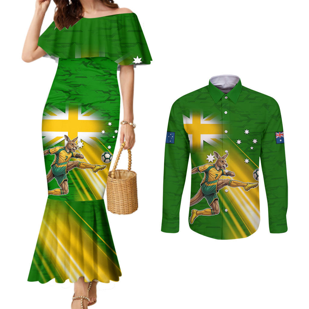 Personalized Australia Soccer Kangaroo Couples Matching Mermaid Dress and Long Sleeve Button Shirt Dynamic Kick with Australian Flag Green Gold Sports Graphic