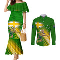 Personalized Australia Soccer Kangaroo Couples Matching Mermaid Dress and Long Sleeve Button Shirt Dynamic Kick with Australian Flag Green Gold Sports Graphic