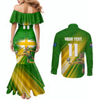 Personalized Australia Soccer Kangaroo Couples Matching Mermaid Dress and Long Sleeve Button Shirt Dynamic Kick with Australian Flag Green Gold Sports Graphic