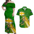 Personalized Australia Soccer Kangaroo Couples Matching Off Shoulder Maxi Dress and Hawaiian Shirt Dynamic Kick with Australian Flag Green Gold Sports Graphic