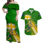 Personalized Australia Soccer Kangaroo Couples Matching Off Shoulder Maxi Dress and Hawaiian Shirt Dynamic Kick with Australian Flag Green Gold Sports Graphic