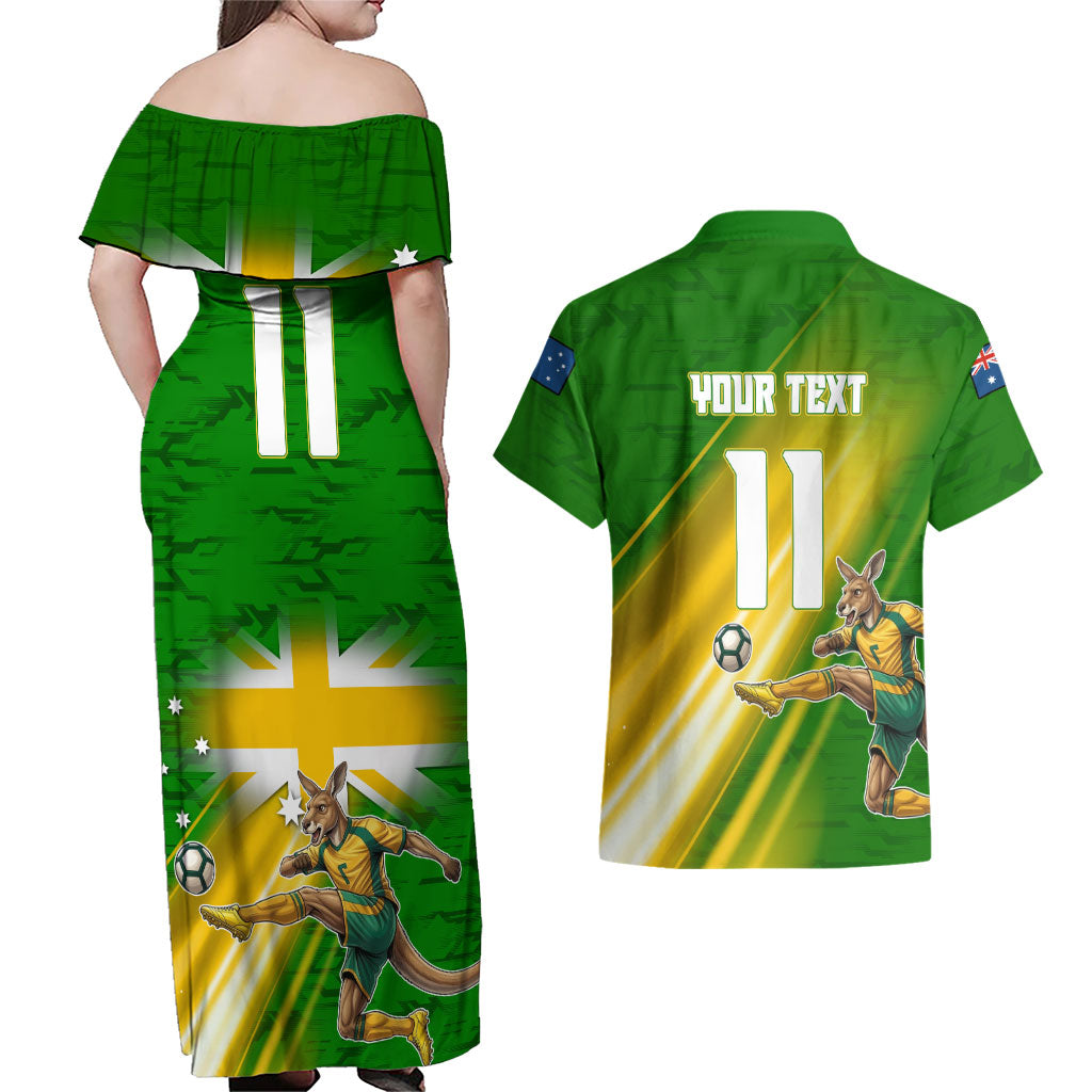 Personalized Australia Soccer Kangaroo Couples Matching Off Shoulder Maxi Dress and Hawaiian Shirt Dynamic Kick with Australian Flag Green Gold Sports Graphic