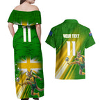 Personalized Australia Soccer Kangaroo Couples Matching Off Shoulder Maxi Dress and Hawaiian Shirt Dynamic Kick with Australian Flag Green Gold Sports Graphic