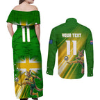 Personalized Australia Soccer Kangaroo Couples Matching Off Shoulder Maxi Dress and Long Sleeve Button Shirt Dynamic Kick with Australian Flag Green Gold Sports Graphic