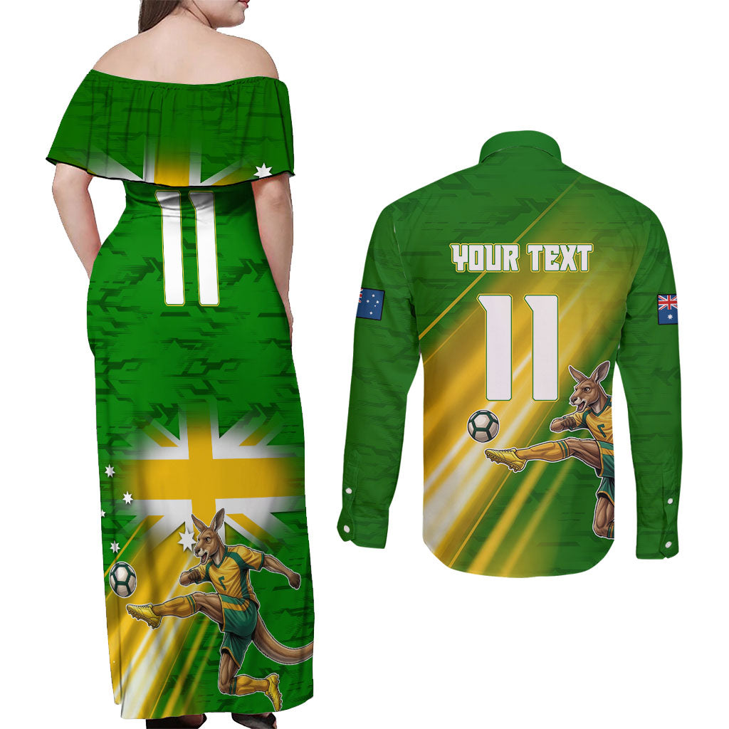 Personalized Australia Soccer Kangaroo Couples Matching Off Shoulder Maxi Dress and Long Sleeve Button Shirt Dynamic Kick with Australian Flag Green Gold Sports Graphic