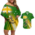 Personalized Australia Soccer Kangaroo Couples Matching Off Shoulder Short Dress and Hawaiian Shirt Dynamic Kick with Australian Flag Green Gold Sports Graphic