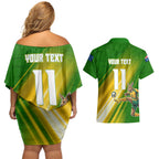 Personalized Australia Soccer Kangaroo Couples Matching Off Shoulder Short Dress and Hawaiian Shirt Dynamic Kick with Australian Flag Green Gold Sports Graphic