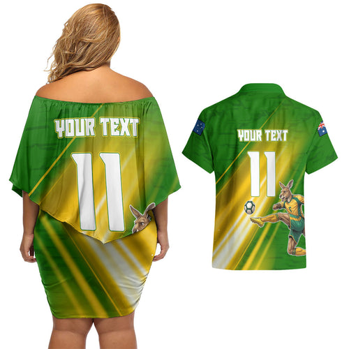 Personalized Australia Soccer Kangaroo Couples Matching Off Shoulder Short Dress and Hawaiian Shirt Dynamic Kick with Australian Flag Green Gold Sports Graphic