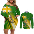 Personalized Australia Soccer Kangaroo Couples Matching Off Shoulder Short Dress and Long Sleeve Button Shirt Dynamic Kick with Australian Flag Green Gold Sports Graphic