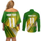 Personalized Australia Soccer Kangaroo Couples Matching Off Shoulder Short Dress and Long Sleeve Button Shirt Dynamic Kick with Australian Flag Green Gold Sports Graphic
