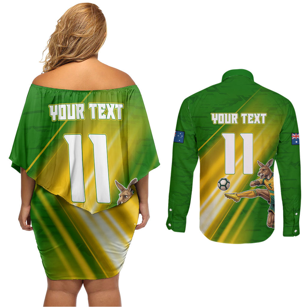 Personalized Australia Soccer Kangaroo Couples Matching Off Shoulder Short Dress and Long Sleeve Button Shirt Dynamic Kick with Australian Flag Green Gold Sports Graphic