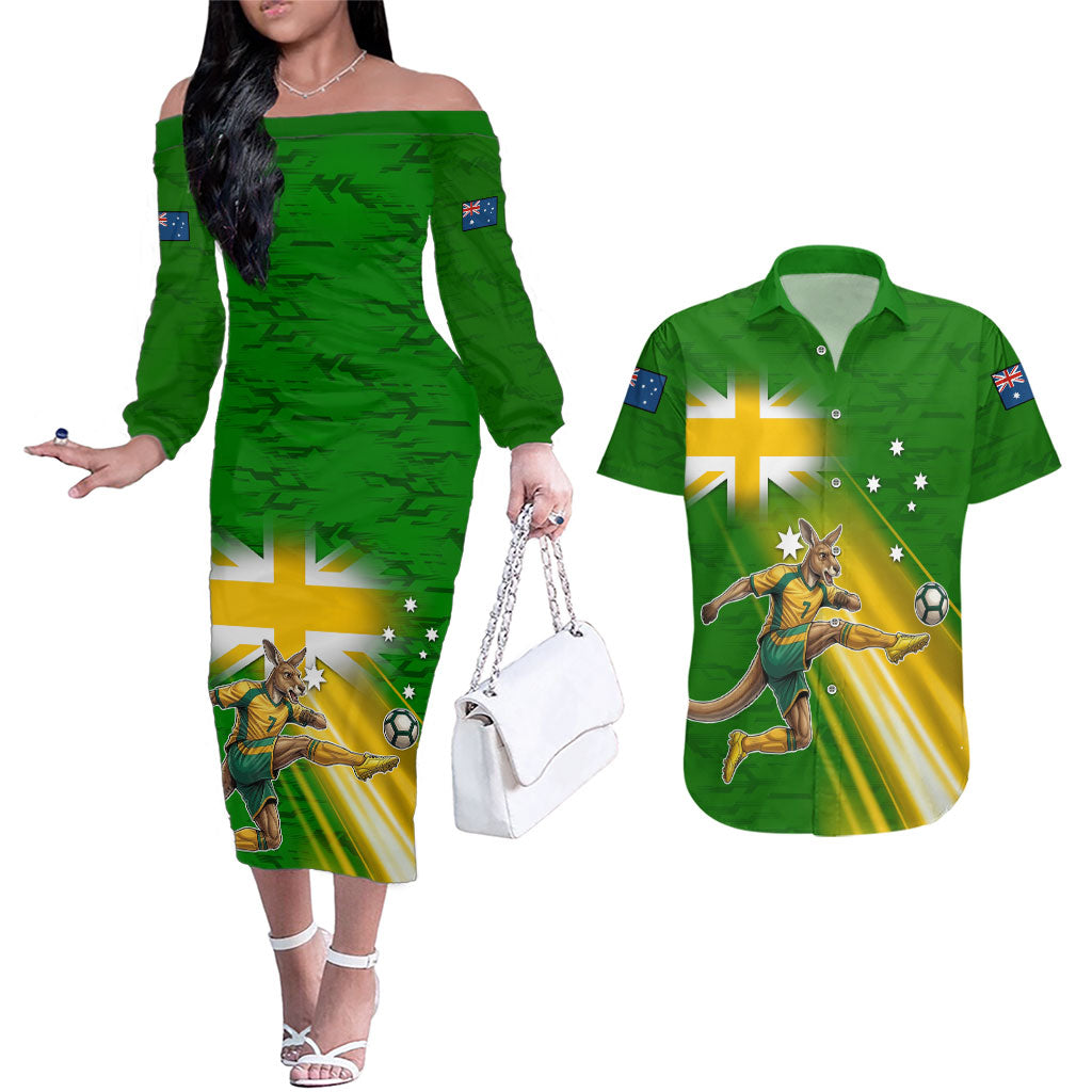 Personalized Australia Soccer Kangaroo Couples Matching Off The Shoulder Long Sleeve Dress and Hawaiian Shirt Dynamic Kick with Australian Flag Green Gold Sports Graphic