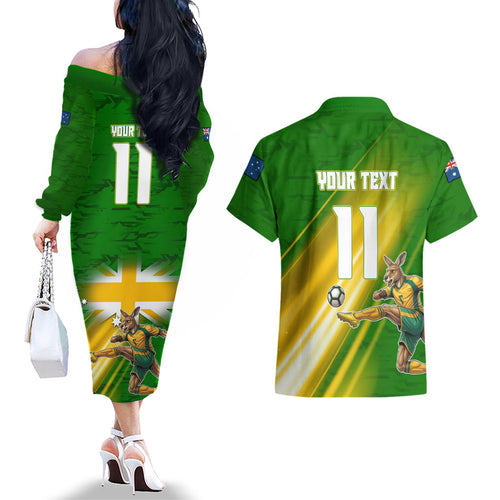 Personalized Australia Soccer Kangaroo Couples Matching Off The Shoulder Long Sleeve Dress and Hawaiian Shirt Dynamic Kick with Australian Flag Green Gold Sports Graphic