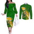 Personalized Australia Soccer Kangaroo Couples Matching Off The Shoulder Long Sleeve Dress and Long Sleeve Button Shirt Dynamic Kick with Australian Flag Green Gold Sports Graphic