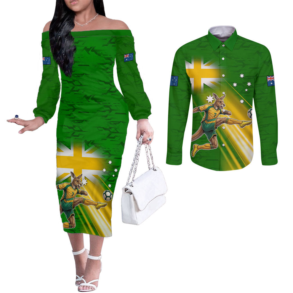 Personalized Australia Soccer Kangaroo Couples Matching Off The Shoulder Long Sleeve Dress and Long Sleeve Button Shirt Dynamic Kick with Australian Flag Green Gold Sports Graphic