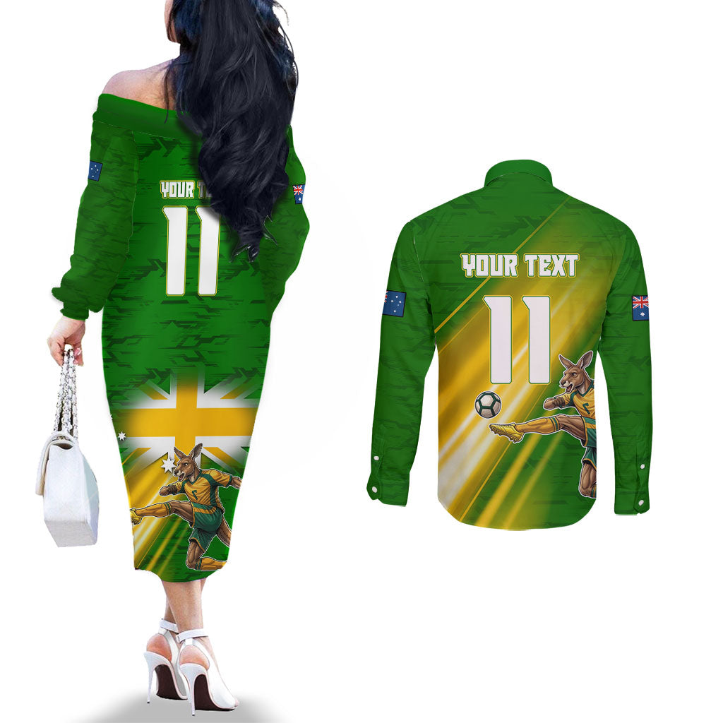 Personalized Australia Soccer Kangaroo Couples Matching Off The Shoulder Long Sleeve Dress and Long Sleeve Button Shirt Dynamic Kick with Australian Flag Green Gold Sports Graphic