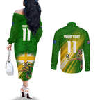 Personalized Australia Soccer Kangaroo Couples Matching Off The Shoulder Long Sleeve Dress and Long Sleeve Button Shirt Dynamic Kick with Australian Flag Green Gold Sports Graphic