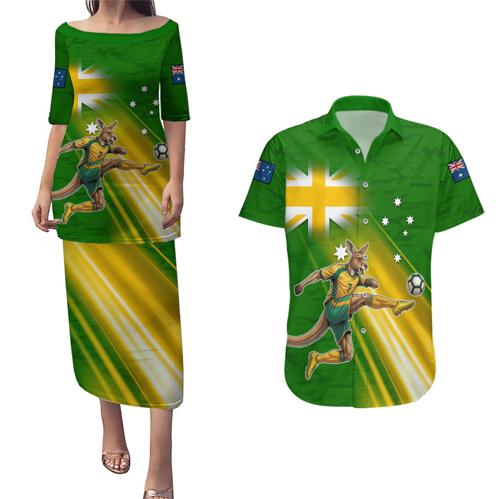 Personalized Australia Soccer Kangaroo Couples Matching Puletasi and Hawaiian Shirt Dynamic Kick with Australian Flag Green Gold Sports Graphic