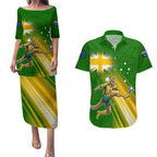 Personalized Australia Soccer Kangaroo Couples Matching Puletasi and Hawaiian Shirt Dynamic Kick with Australian Flag Green Gold Sports Graphic