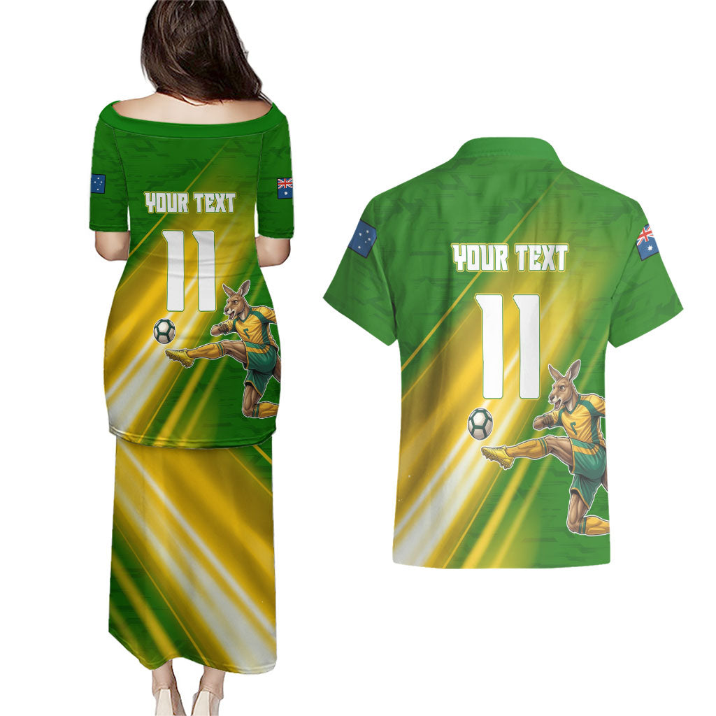 Personalized Australia Soccer Kangaroo Couples Matching Puletasi and Hawaiian Shirt Dynamic Kick with Australian Flag Green Gold Sports Graphic