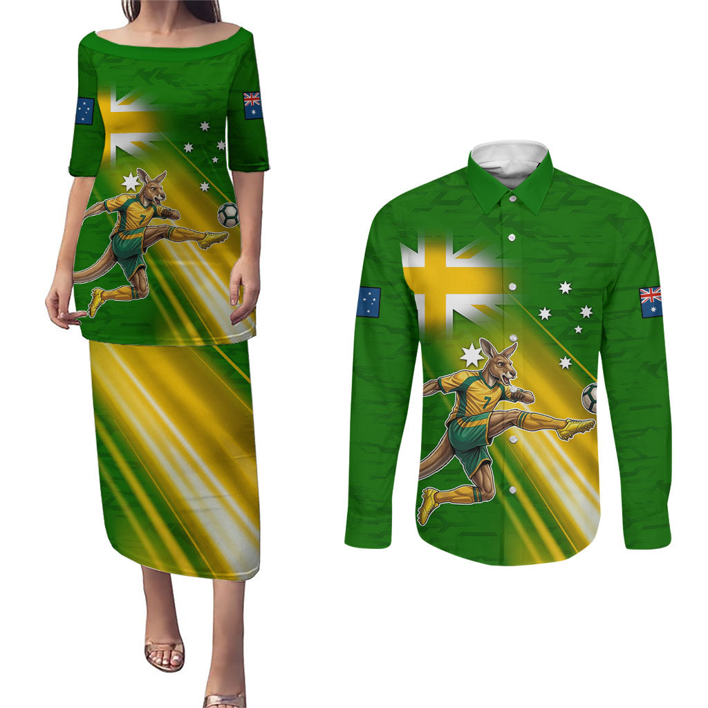 Personalized Australia Soccer Kangaroo Couples Matching Puletasi and Long Sleeve Button Shirt Dynamic Kick with Australian Flag Green Gold Sports Graphic