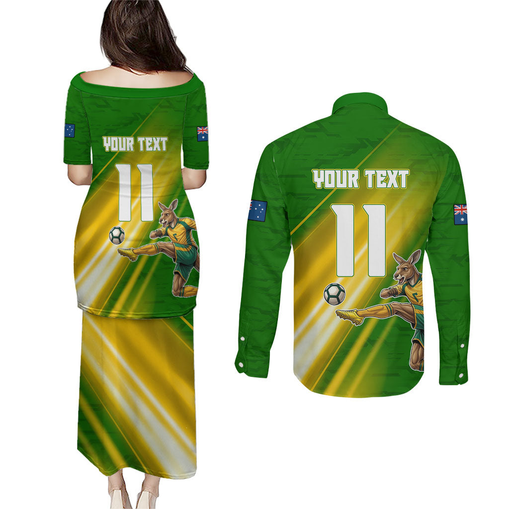 Personalized Australia Soccer Kangaroo Couples Matching Puletasi and Long Sleeve Button Shirt Dynamic Kick with Australian Flag Green Gold Sports Graphic