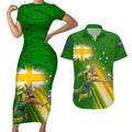 Personalized Australia Soccer Kangaroo Couples Matching Short Sleeve Bodycon Dress and Hawaiian Shirt Dynamic Kick with Australian Flag Green Gold Sports Graphic