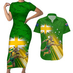 Personalized Australia Soccer Kangaroo Couples Matching Short Sleeve Bodycon Dress and Hawaiian Shirt Dynamic Kick with Australian Flag Green Gold Sports Graphic