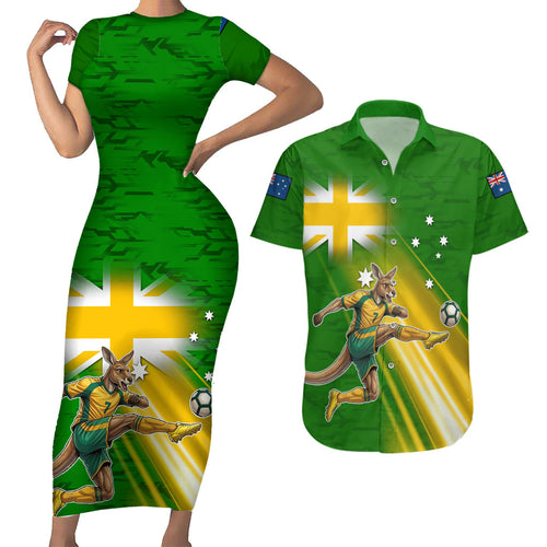 Personalized Australia Soccer Kangaroo Couples Matching Short Sleeve Bodycon Dress and Hawaiian Shirt Dynamic Kick with Australian Flag Green Gold Sports Graphic