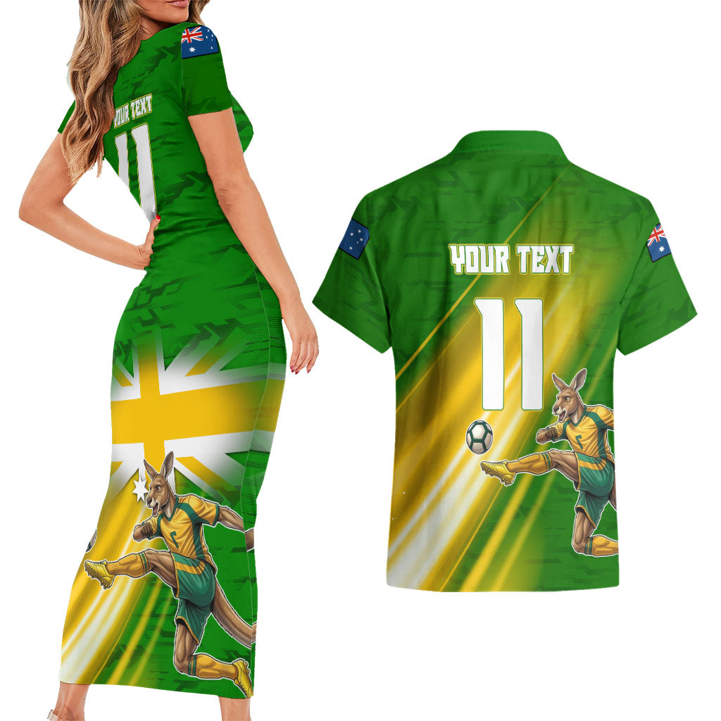 Personalized Australia Soccer Kangaroo Couples Matching Short Sleeve Bodycon Dress and Hawaiian Shirt Dynamic Kick with Australian Flag Green Gold Sports Graphic