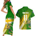Personalized Australia Soccer Kangaroo Couples Matching Short Sleeve Bodycon Dress and Hawaiian Shirt Dynamic Kick with Australian Flag Green Gold Sports Graphic