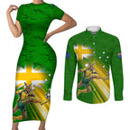 Personalized Australia Soccer Kangaroo Couples Matching Short Sleeve Bodycon Dress and Long Sleeve Button Shirt Dynamic Kick with Australian Flag Green Gold Sports Graphic