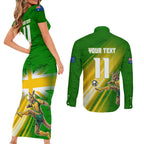 Personalized Australia Soccer Kangaroo Couples Matching Short Sleeve Bodycon Dress and Long Sleeve Button Shirt Dynamic Kick with Australian Flag Green Gold Sports Graphic