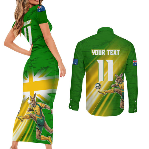 Personalized Australia Soccer Kangaroo Couples Matching Short Sleeve Bodycon Dress and Long Sleeve Button Shirt Dynamic Kick with Australian Flag Green Gold Sports Graphic