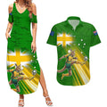 Personalized Australia Soccer Kangaroo Couples Matching Summer Maxi Dress and Hawaiian Shirt Dynamic Kick with Australian Flag Green Gold Sports Graphic