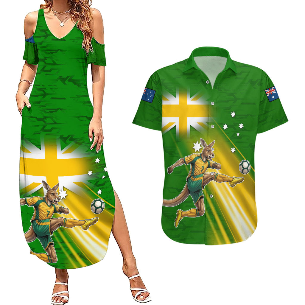 Personalized Australia Soccer Kangaroo Couples Matching Summer Maxi Dress and Hawaiian Shirt Dynamic Kick with Australian Flag Green Gold Sports Graphic