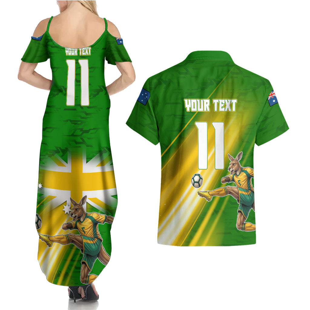 Personalized Australia Soccer Kangaroo Couples Matching Summer Maxi Dress and Hawaiian Shirt Dynamic Kick with Australian Flag Green Gold Sports Graphic