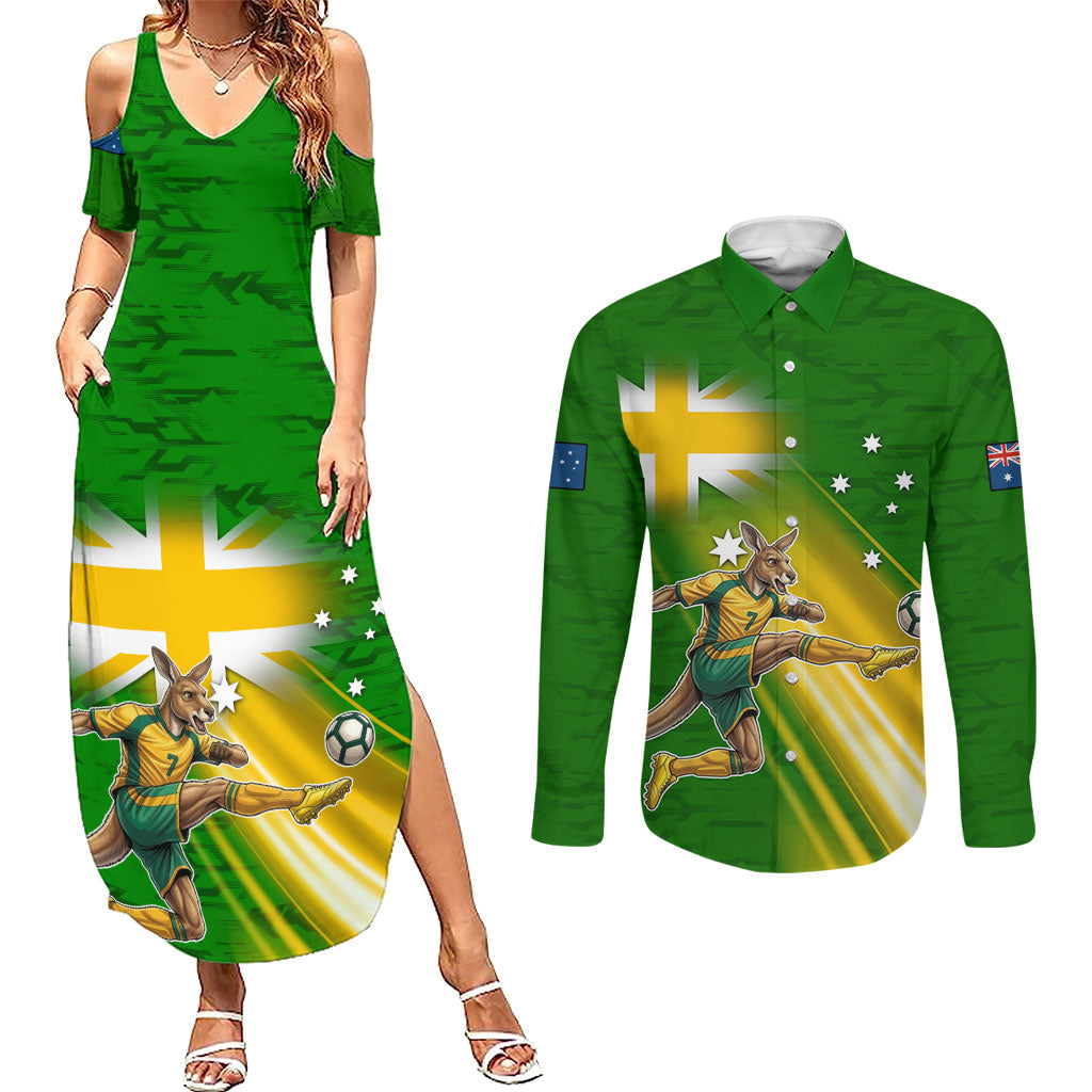 Personalized Australia Soccer Kangaroo Couples Matching Summer Maxi Dress and Long Sleeve Button Shirt Dynamic Kick with Australian Flag Green Gold Sports Graphic