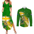 Personalized Australia Soccer Kangaroo Couples Matching Summer Maxi Dress and Long Sleeve Button Shirt Dynamic Kick with Australian Flag Green Gold Sports Graphic