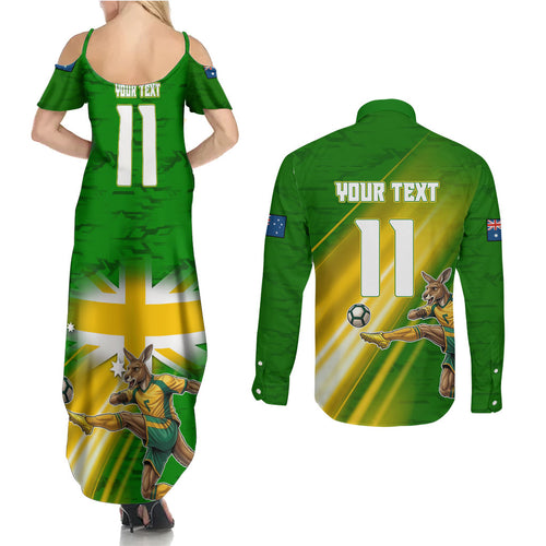 Personalized Australia Soccer Kangaroo Couples Matching Summer Maxi Dress and Long Sleeve Button Shirt Dynamic Kick with Australian Flag Green Gold Sports Graphic