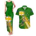 Personalized Australia Soccer Kangaroo Couples Matching Tank Maxi Dress and Hawaiian Shirt Dynamic Kick with Australian Flag Green Gold Sports Graphic